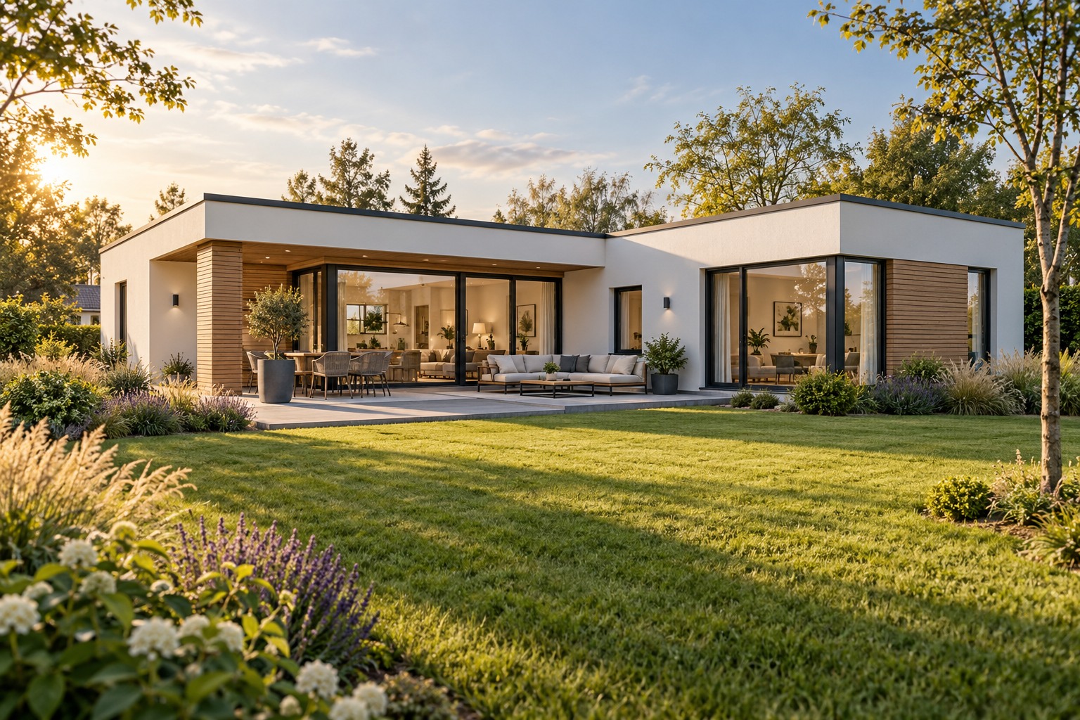 Architekturidee eines modernen Bungalows mit Flachdach, großer Glasfront und Garten